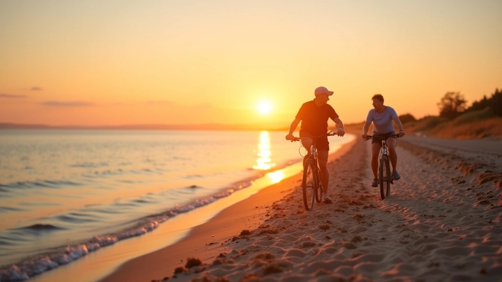 Beautiful coastal beach landscape with sandy shore and blue water at golden hour