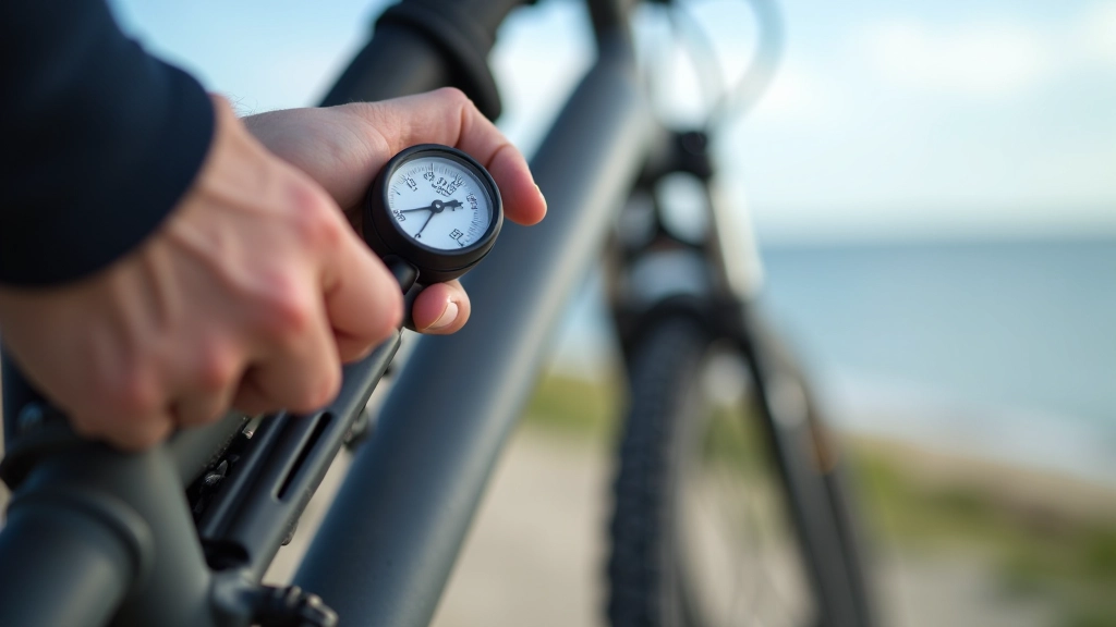 Close-up of bicycle tire valve and tire tread with measuring gauge
