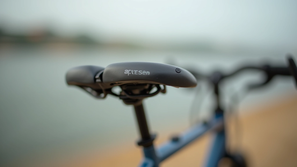 Close-up of comfortable bicycle saddle with handlebar grips visible