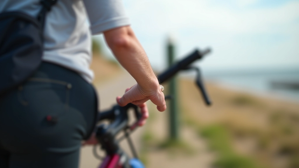 Cyclist testing brake lever responsiveness with hand while seated on bicycle