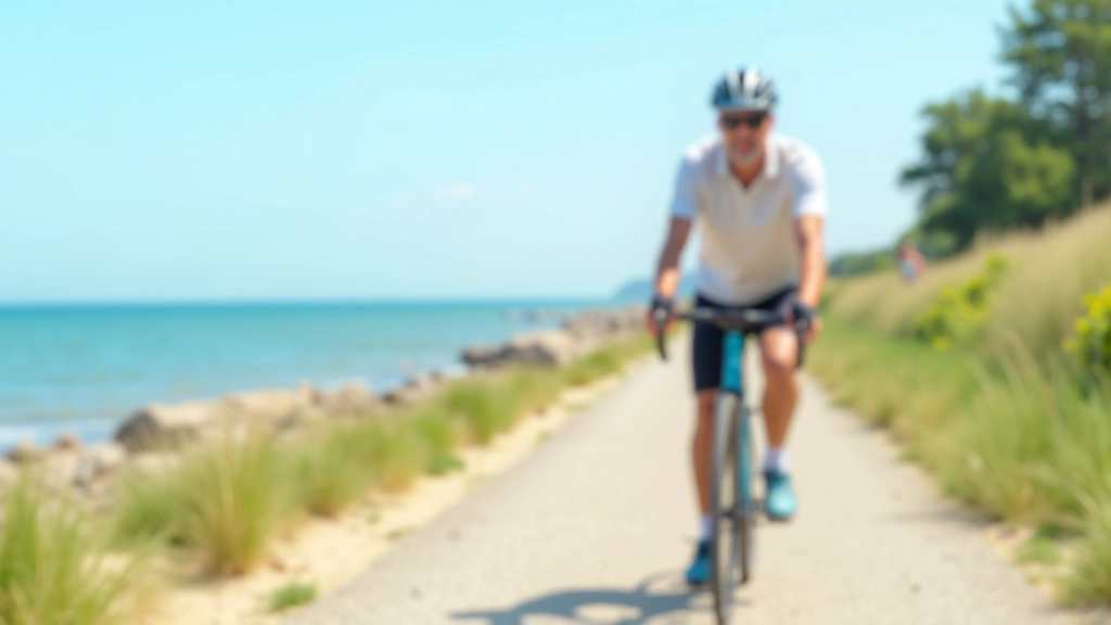 Summer cycling along Liepāja coast with bright sunshine, blue water, and beach activity in background