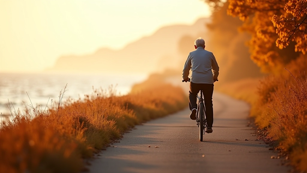 Autumn coastal cycling path with golden leaves, softer light, and calm sea with slight waves