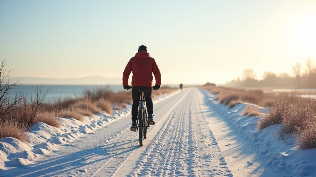 Winter coastal path with frost, calm cold sea, and minimal vegetation, clear cold morning light