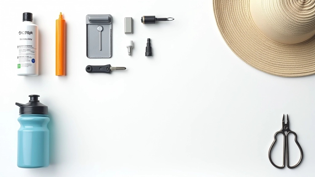 Laid out cycling essentials including water bottle, sunscreen, repair tools, and first aid items on white surface