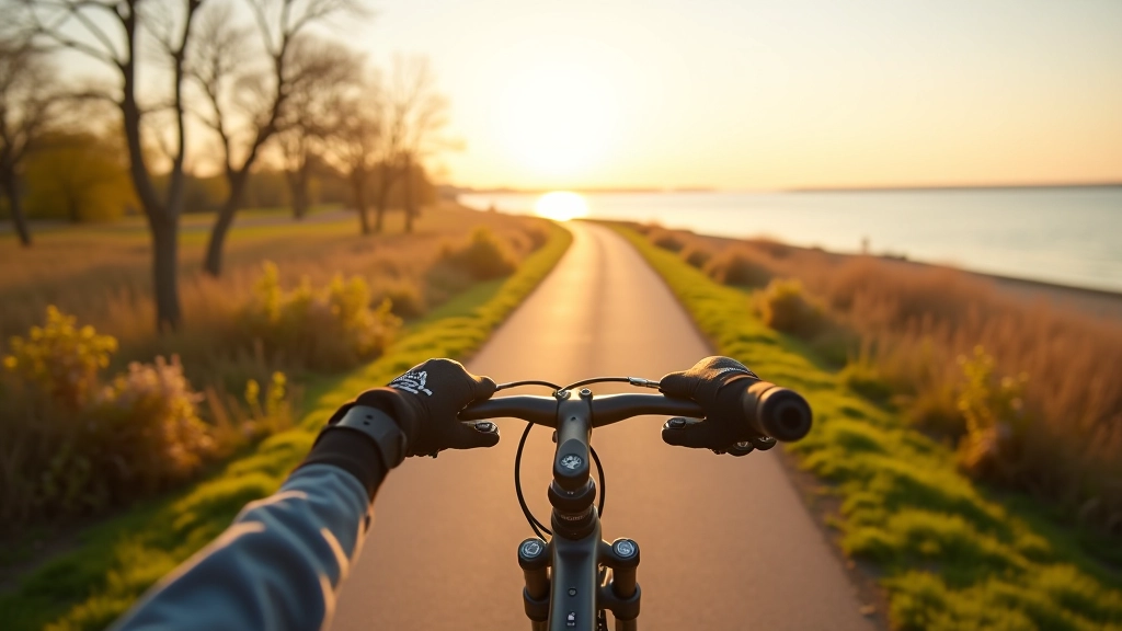 Coastal path in spring with fresh green vegetation and calm Baltic Sea waters, gentle sunlight