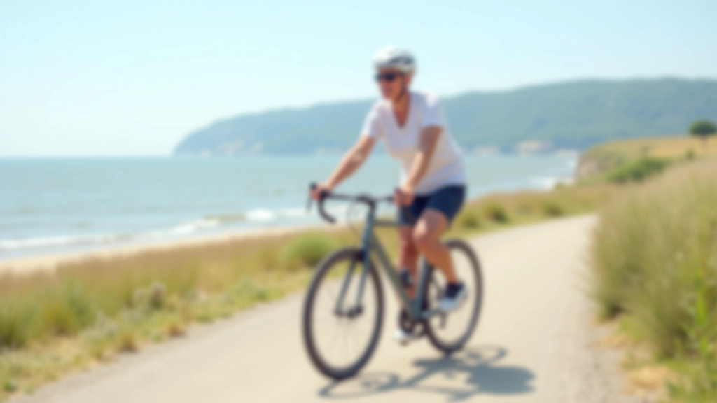 Cyclist riding on flat coastal path near Liepāja, clear weather, blue sky, sandy beach visible in background