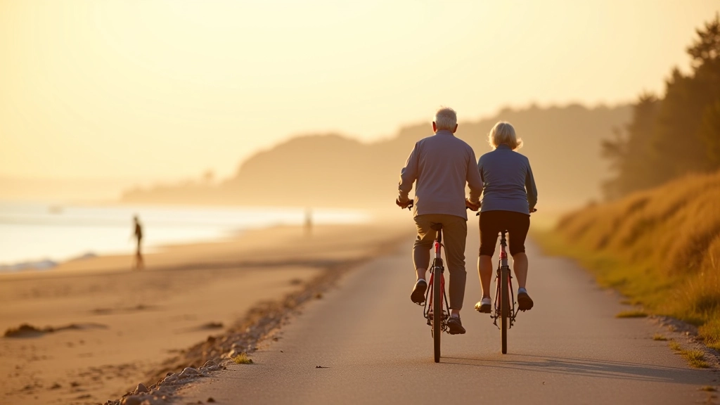 Scenic coastal cycling route along Liepāja beach with calm waters and sandy shores, two cyclists enjoying peaceful ride