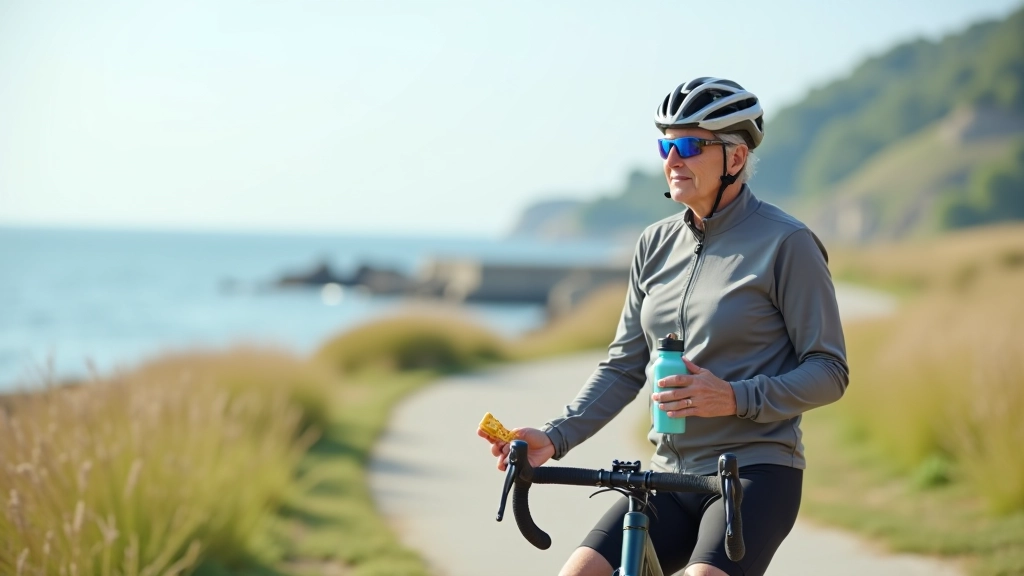 Senior cyclist resting on coastal path with bicycle, snacking and drinking water during ride break