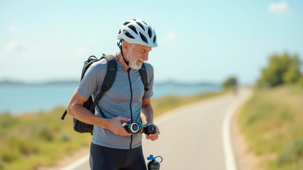 Cyclist preparing backpack and water bottle before riding on coastal path