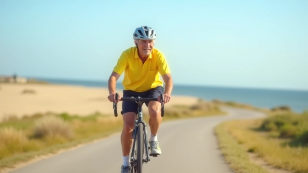 Senior cyclist riding on flat coastal path with blue sky background